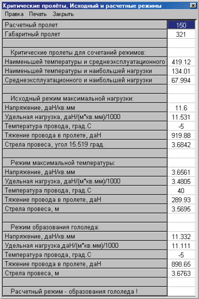 Рис. 15. Таблица расчета критических пролетов и выбора стандартных исходных и расчетных режимов