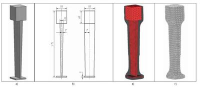 Рис. 1. Тестовая модель „Лопатка“: а) 3D-модель; б) эскиз; в) расчетная модель отливки, г) расчетная модель формы