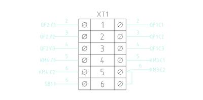Клеммник на схеме соединений. Отображаются все реальные контакты с подключениями