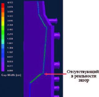 Рис. 6. Расчет формирования зазора между оснасткой и слитком в СКМ ЛП ProCAST: а - зазор на момент завершения затвердевания;