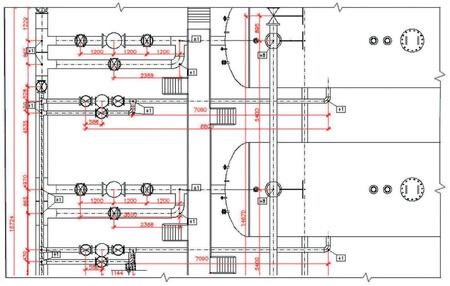 Рис. 7. Работа Мастера простановки размеров Model Studio CS в стандартной поставке: автоматически нанесены осевые линии, проставлены размеры трубопроводов, высотные отметки на плане