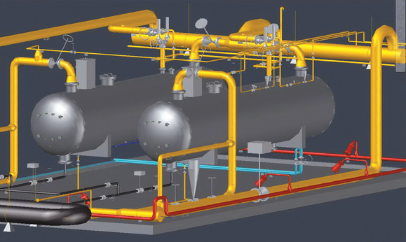 Рис. 13. Площадка газосепараторов КСП, выполненная средствами Model Studio CS Трубопроводы