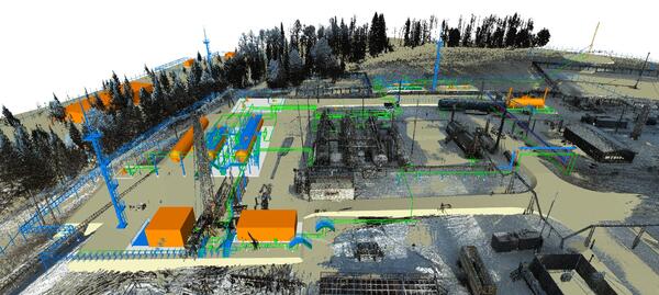 Облако точек лазерного сканирования, совмещенное с 3D-моделью Источник: материалы VI Всероссийской конференции «Лучшие практики технологии информационного моделирования в России» (2022 г.)