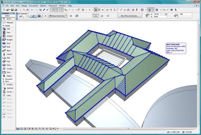 Создание сложной крыши над 3D-зоной, включая добавление дополнительных элементов крыши для двух коридоров и вычитание части крыши над внутренним двориком, с помощью инструмента «Magic Wand» («Волшебная палочка»).