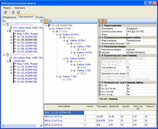 В электротехнической модели производятся все необходимые расчеты, выбор уставок защитных аппаратов, марок и сечений кабелей.