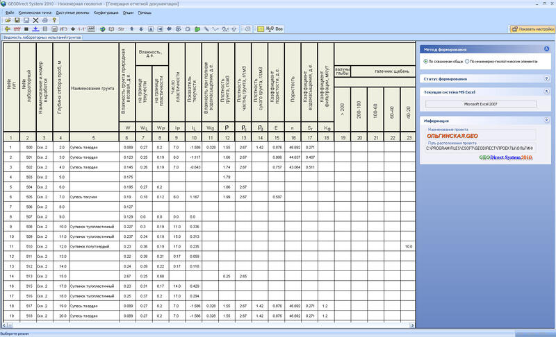Сводная таблица физико-механических характеристик грунтов в GeoniCS Инженерная геология (GEODirect)