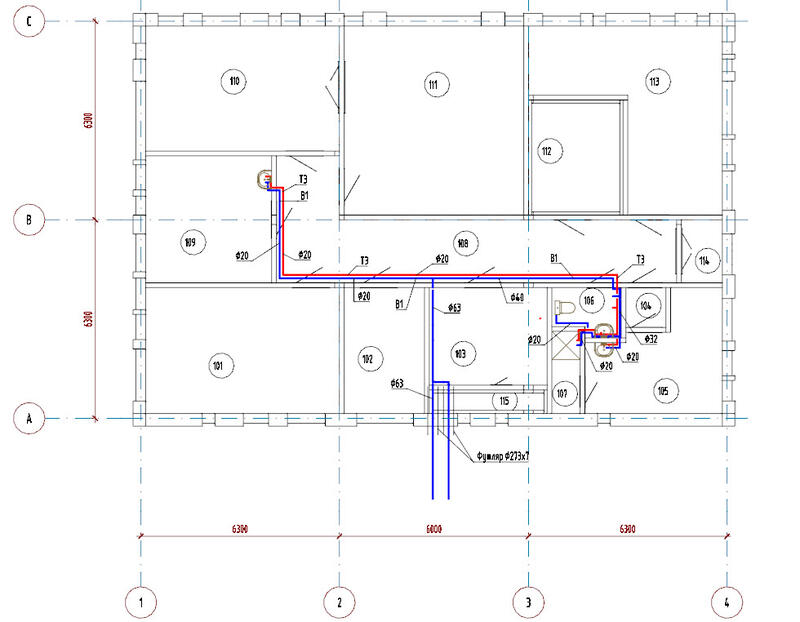 Пример плана системы водоснабжения здания, полученного преднастроенной проекцией