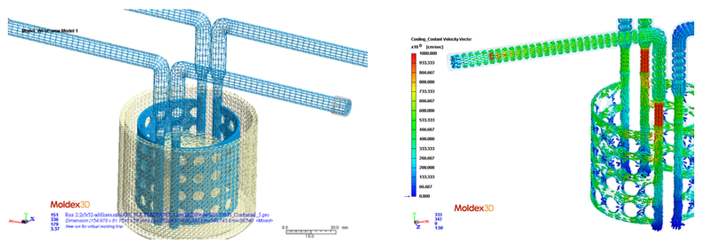 Модель системы охлаждения произвольной геометрией каналов (слева) и результат расчета трехмерного течения хладагента (справа). Скорость течения хладагента