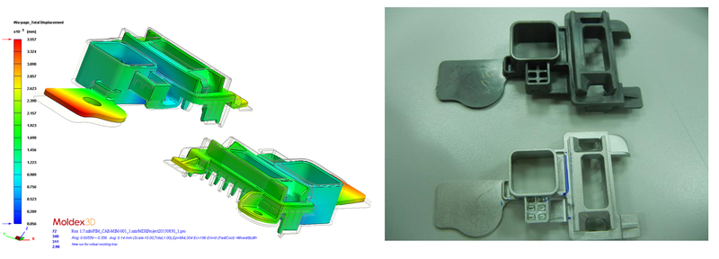 Результаты расчета коробления детали, изготовленной по MIM-технологии, (слева) и готовые отливки (справа)