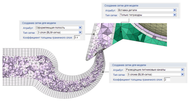 BLM-сетка на разрезе полимерной детали, литниковой системы и металлической арматуры (количество граничных слоев задается пользователем)