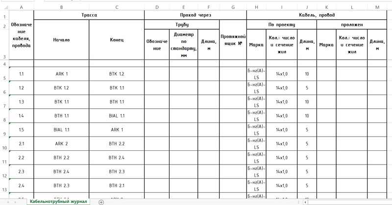 Готовый для печати кабельный журнал в формате MS Excel