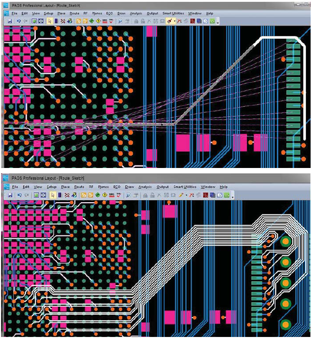 Демонстрация на нижней иллюстрации работы трассировщика по новой эффективной технологии маршрутизации по эскизам связей, представленным на верхней иллюстрации