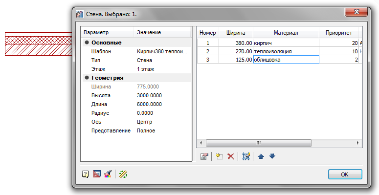 Диалоговое окно параметров стены