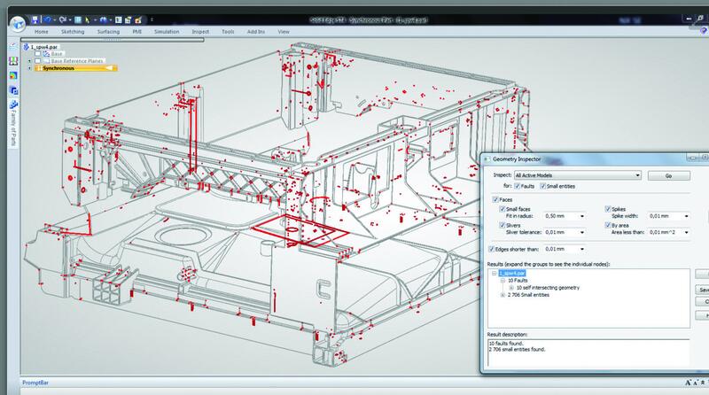 Конвертация 3D-моделей из одной CAD-системы в другую не всегда выполняется безошибочно. На основе установленных допусков инспектор геометрии Solid Edge идентифицирует такие ошибки, как малые грани, нахлесты и щели. Синхронная технология используется для быстрого исправления ошибок перед выполнением дальнейших работ. Изображение предоставлено компанией TOP-TECH (Польша)