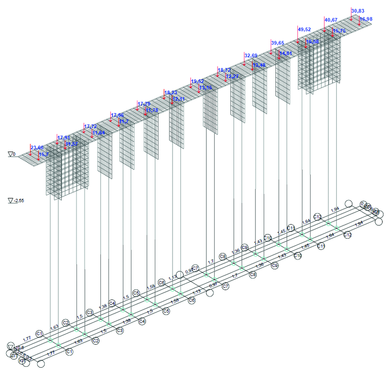Рис. 11. Загружение 13, вертикальные нагрузки от опорных реакций пролетных строений