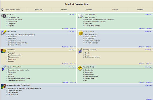 Справочная система Autodesk Inventor представляет собой настоящую электронную книгу с описанием всех возможностей системы, интерактивными вставками, ссылками на Internet-ресурсы и различные учебники