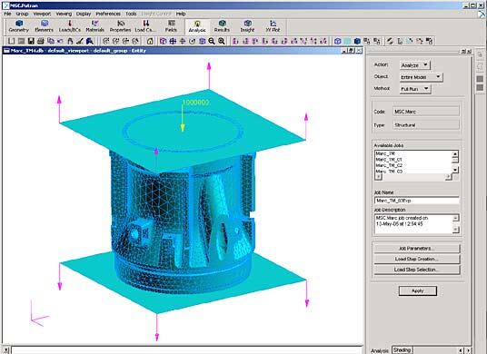 Рис. 6. Окно MSC.Patran c визуализацией маркеров нагрузки и контактных компонентов сборки