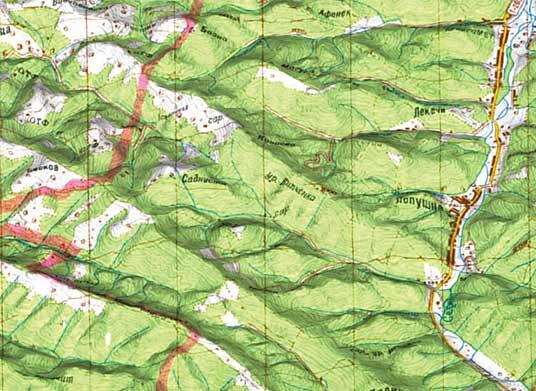 Рис. 5. Фрагмент рельефа с натяжкой сканированной карты М1:100 000