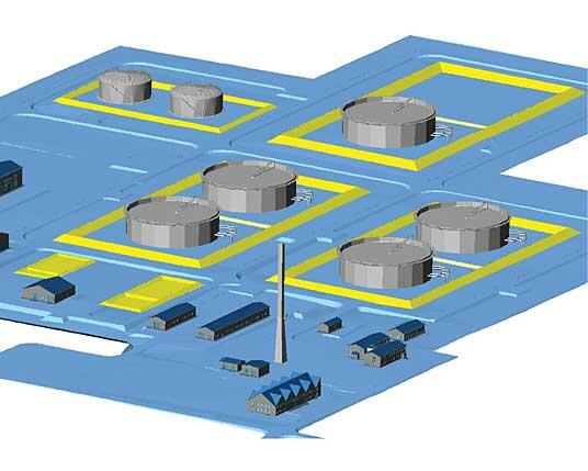 Рис. 1. Фрагмент компоновки в среде Autodesk Civil 3D 2006 головной НПС с резервуарным парком