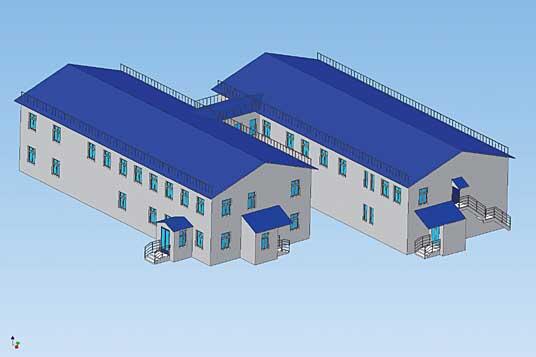 Рис. 2. Трехмерная модель служебно-бытового корпуса со столовой и узлом связи