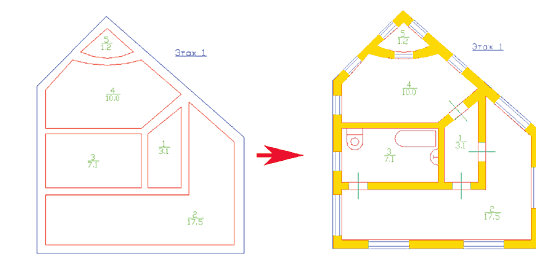 Рис. 5. После преобразования контуров в стены производится наполнение плана недостающими элементами