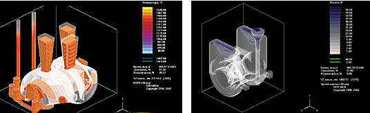 Массивные корпусные детали: на первом рисунке показано распределение горячих узлов в отливке при кристаллизации, на втором - дефекты усадочного происхождения (моделирование проводилось на ОЗММ)