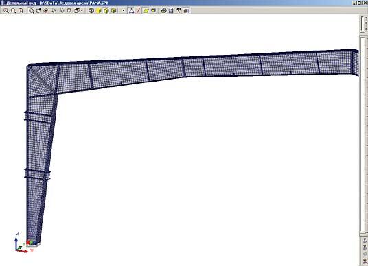 Рис. 21. Общий вид расчетной модели рамы из оболочечных элементов