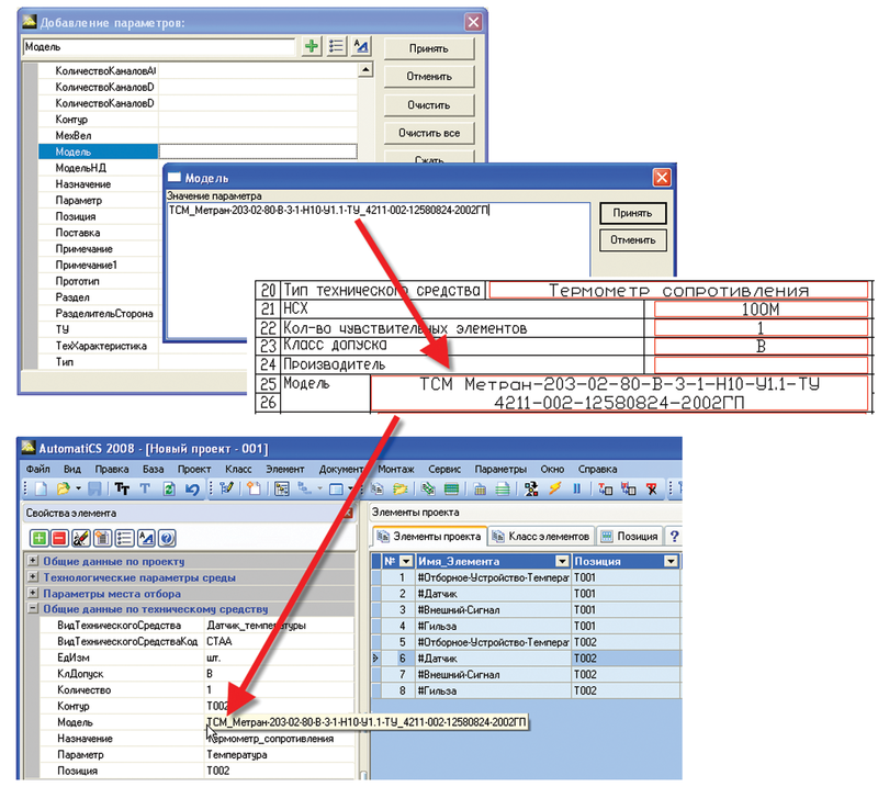 Рис. 7. Добавление значения параметра «Модель» в техническую спецификацию и в модель проекта