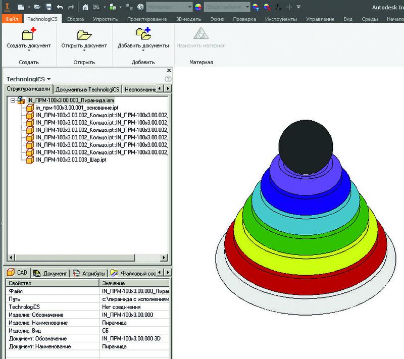 Рис. 1. Пример реализации интерфейсной надстройки TechnologiCS в Autodesk Inventor