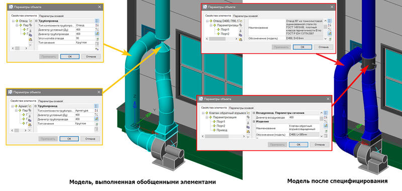 Рис. 4. Модель части системы вентиляции насосной ПДВ до и после специфицирования