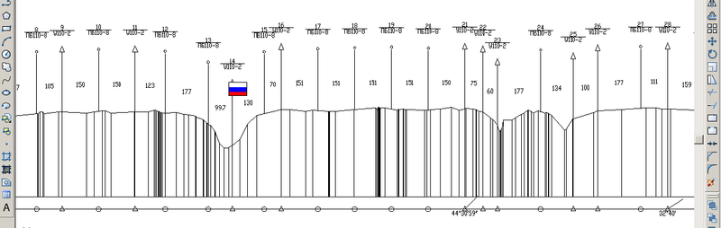 Рис. 19. Расстановка опор по трассе в AutoCAD