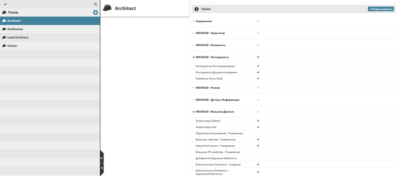 Рис. 5. Управление правами доступа к проекту для различных ролей