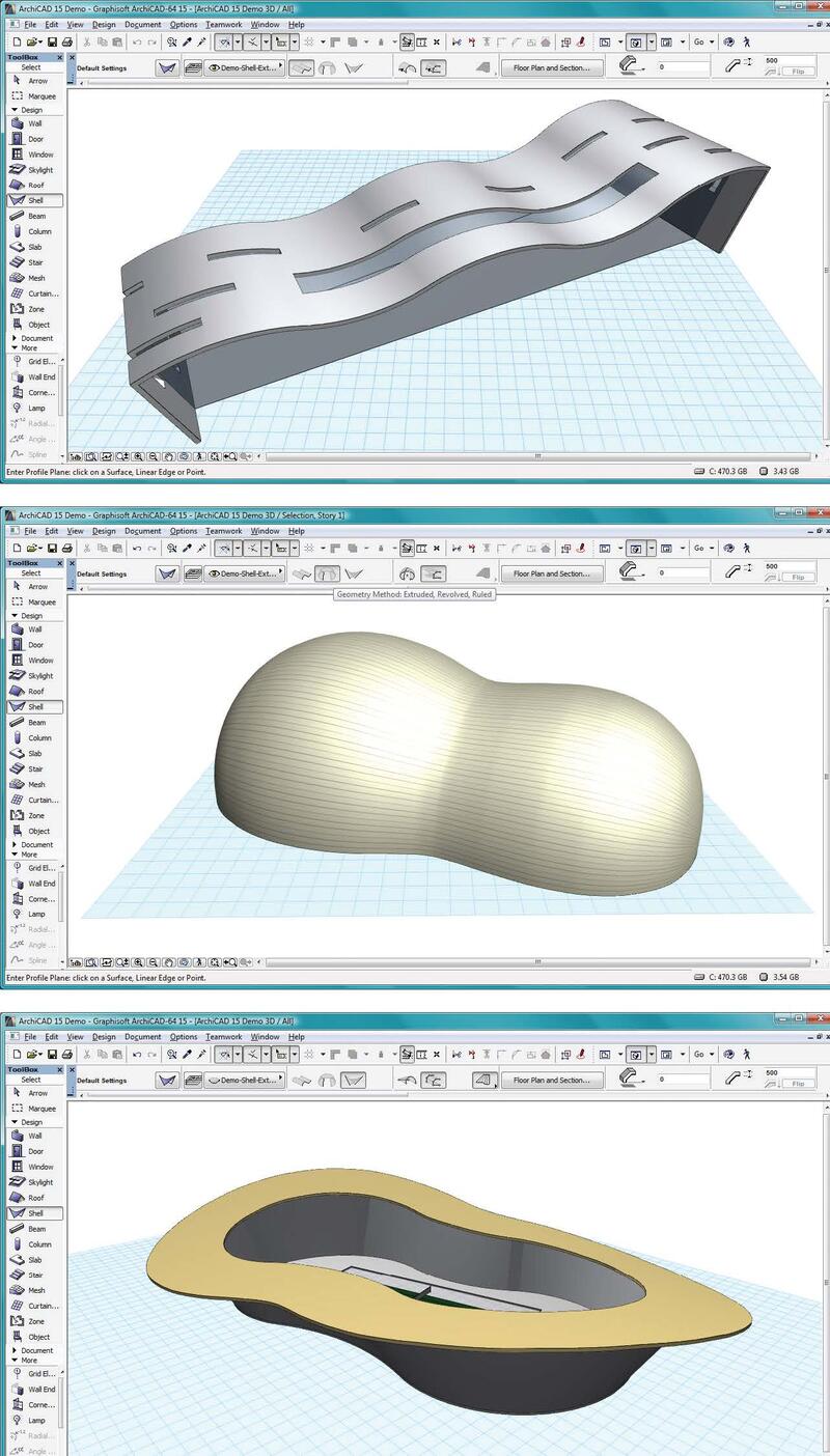 Рис. 1. Три типа оболочек, которые можно создать в Archicad 15 (сверху вниз): выдавленная, с вращением и с переходом