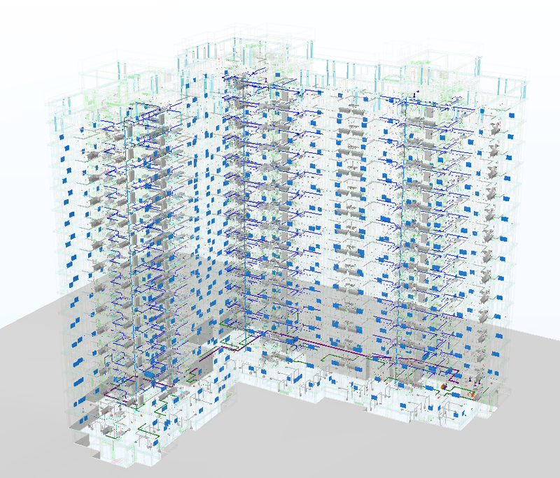 Рис. 2. Воссозданная по 2D-документации информационная (BIM) модель жилого здания в части инженерии: электрика, освещение, слабые токи, системы безопасности, отопление, водоснабжение и канализация