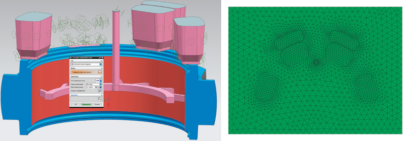 Рис. 3. Создание КЭ-модели в NX: а) результат автоматического поиска сопряженных поверхностей; б) сопряженные 3D-сетки литейного блока и формы (вид сверху) (модель ООО ЗРГО)