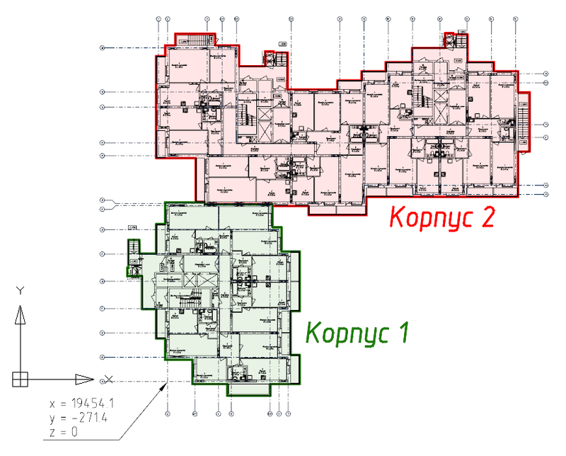 Рис. 3. Проект состоит из двух корпусов, а пересечение осей А1 расположено в координатах x = 19454.1, y = -271.4, z = 0