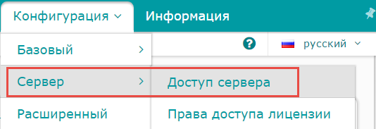 Рис. 4. Вкладка Конфигурация/Сервер/Доступ сервера