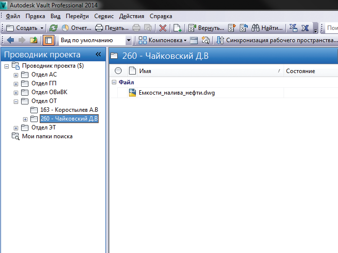 Рис. 5. Пример орагниазции проекта в среде Autodesk Vault