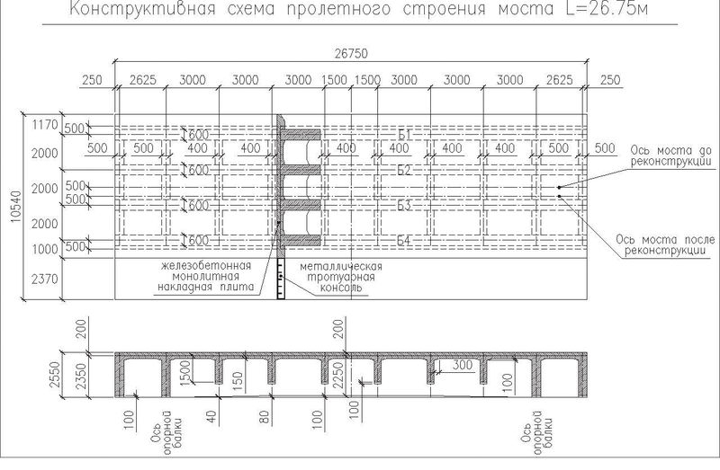 Конструктивная схема пролетного строения моста водосливной части плотины