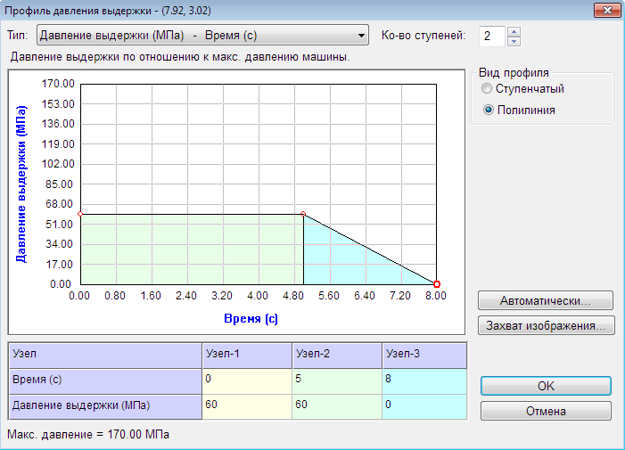 Рис. 9. Задание профиля давления выдержки с линейным снижением давления