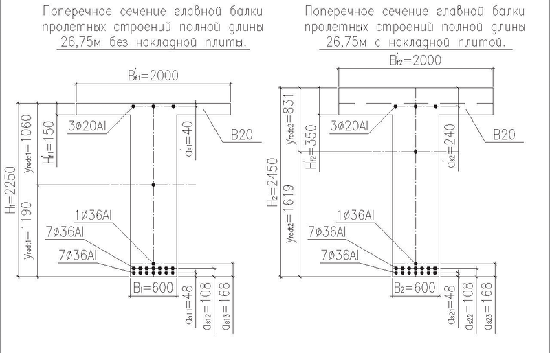 Поперечные сечения главной балки без накладной плиты и с накладной плитой, армирование