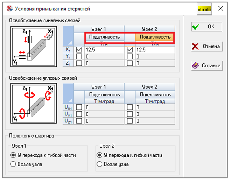 Рис. 11. Окно задания шарниров в стержнях (SCAD++)