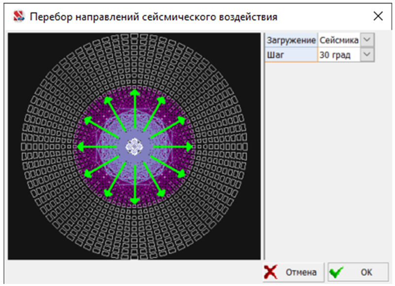 Рис. 20. Окно задания перебора направлений сейсмического воздействия (SCAD++)
