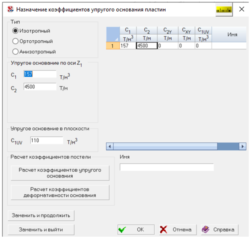 Рис. 32. Окно задания коэффициентов постели с возможностью ввода коэффициента постели упругого основания в плоскости (SCAD++)
