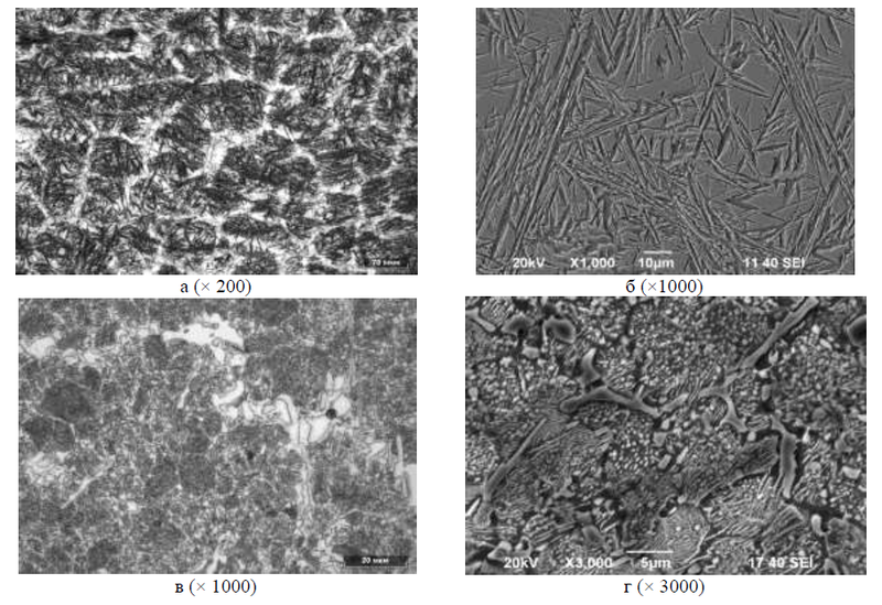 Рис. 6. Литая структура, сформировавшаяся при скоростях охлаждения60,6 ºС/мин. (а, б) и 10,8 ºС/мин. (в, г)