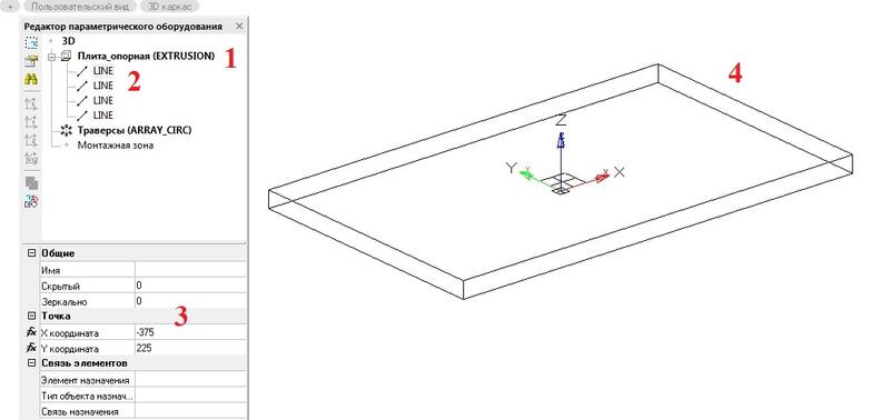 Рис. 7 1 - подобъект Плита_опорная в редакторе параметрического оборудования; 2 - линии контура подобъекта; 3 - свойства подобъекта; 4 - геометрия подобъекта в окне модели