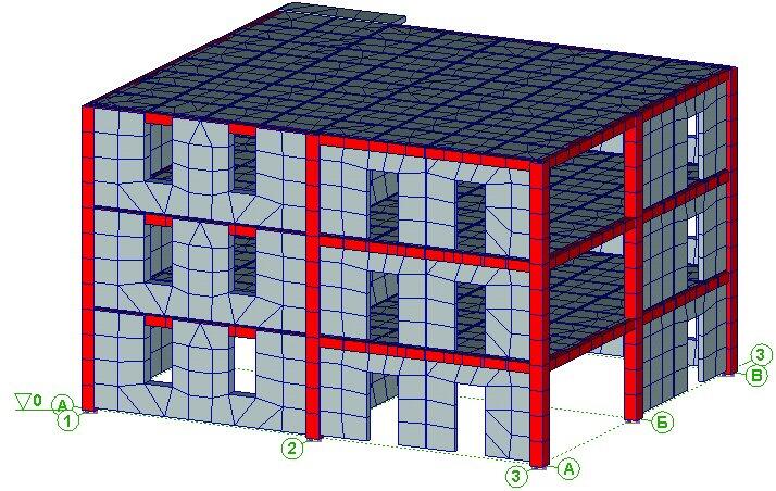 Рис. 1. Конечно-элементная модель трехэтажного фрагмента безригельного каркаса