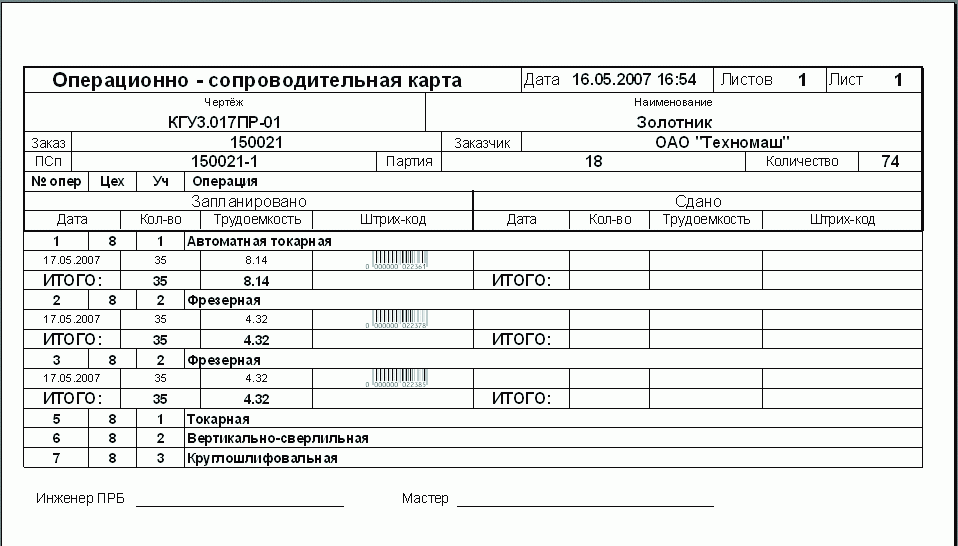 Рис. 9. Сопроводительная карта партии деталей